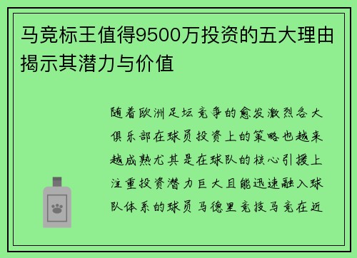马竞标王值得9500万投资的五大理由揭示其潜力与价值